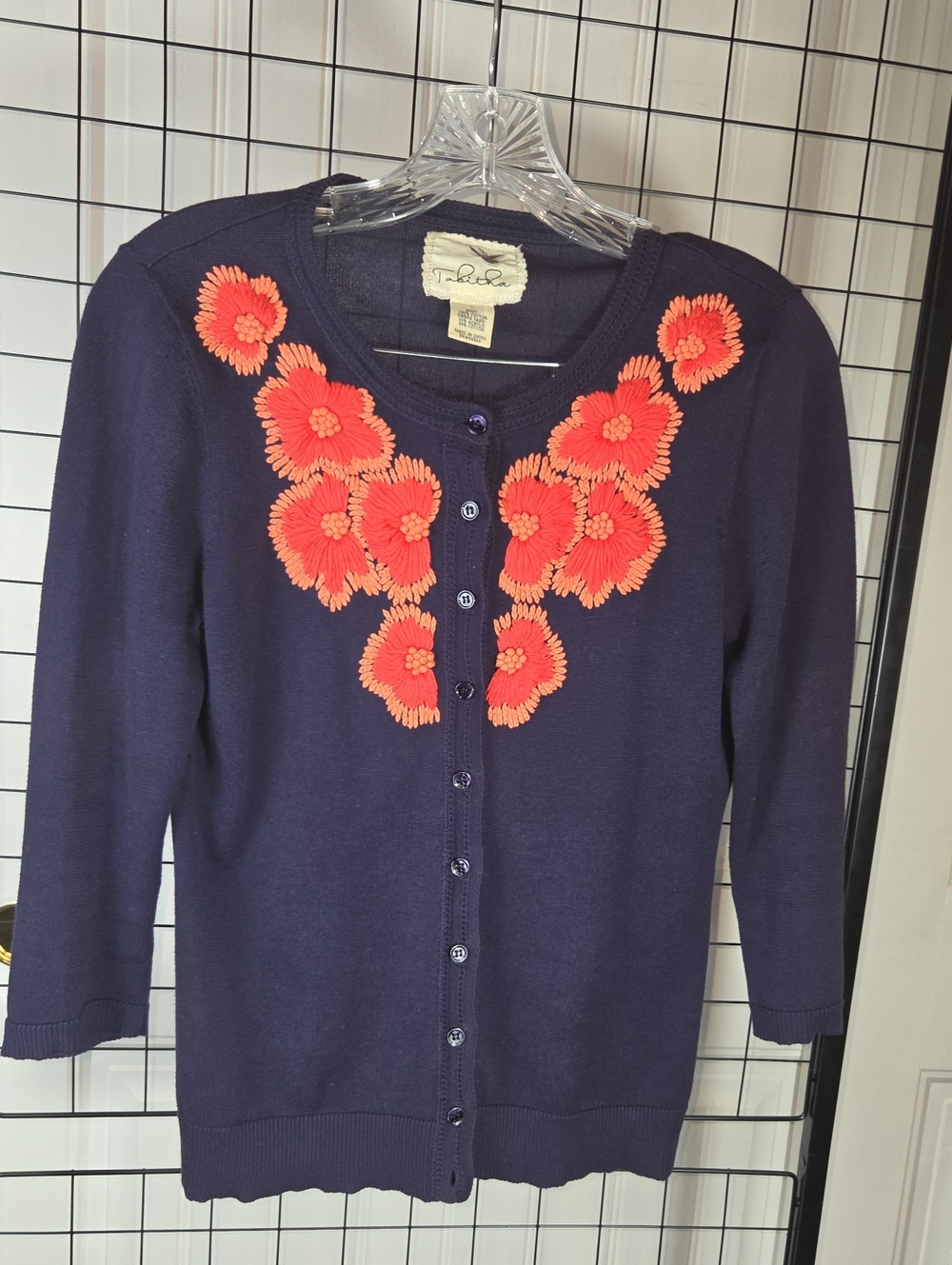 Tabitha Anthropologie Navy Embroidered Coral Floral Cardigan Women's Small(0138)